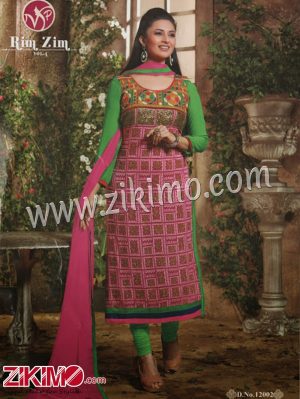 Zikimo Rimzim12002 Pink and Green Designer Embroidered Georgette Semi-Stitched Straight Suit