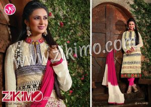 Zikimo Rimzim 12009 Ivory and Dark Pink Embroidered Georgette Semi-Stitched Straight Suit