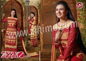 Zikimo Rimzim 12010 Cream and Red Embroidered Georgette Semi-Stitched Straight Suit