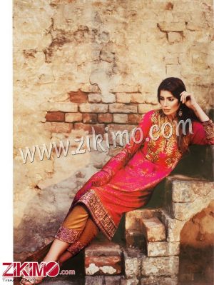 Zikimo Sanna and Safeena 1-A Pink and Golden Embroidered Cotton Satin Party/Daily Wear Designer Suit