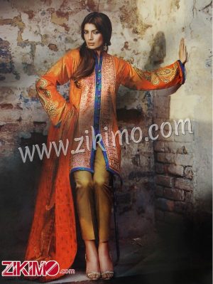Zikimo Sanna and Safeena 1-B Orange and Blue Embroidered Cotton Satin Party/Daily Wear Designer Suit