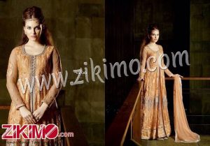 Vifaa B104 Light Orange Poly Net Embroidery Work Wedding Wear Suit With Bemberg Dupatta