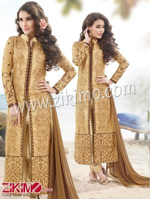 Zikimo Viva822 Burlywood and Brown Embroidered Satin Cotton Semi-stitched Party Wear/Daily Wear Straight Suit