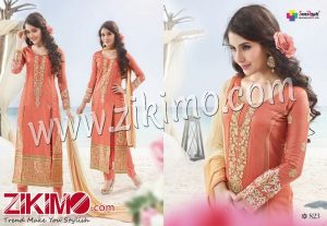 Zikimo Viva823 Coral and Beige Designer Embroidered Satin Cotton Semi-stitched Party Wear/Daily Wear Straight Suit