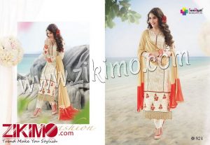 Zikimo Viva824 Ivory and Red Designer Embroidered Satin Cotton Semi-stitched Party Wear/Daily Wear Straight Suit