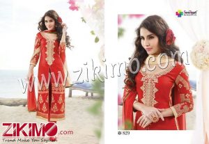 Zikimo Viva829 Red and Beige Designer Embroidered Satin Cotton Semi-stitched Party Wear/Daily Wear Straight Suit