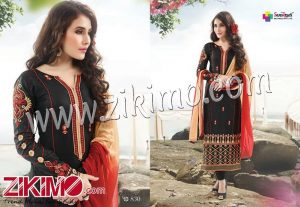 Zikimo Viva830 Black and Red Embroidered Satin Cotton Semi-stitched Party Wear/Daily Wear Straight Suit