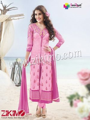 Zikimo Viva833CarnationPink and DarkPink Embroidered Satin Cotton Semi-stitched Party Wear/Daily Wear Straight Suit