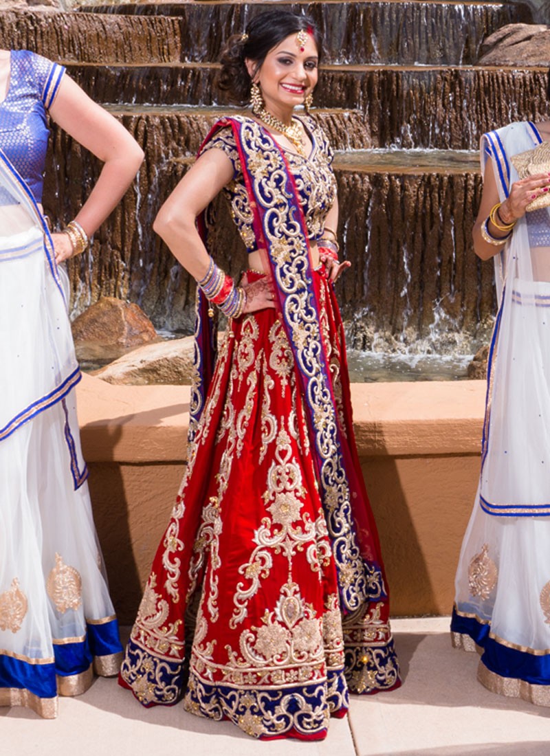Blue lehenga red blouse bridals wear suit with handwork designs | Saree  designs, Blue lehenga, Attractive dresses