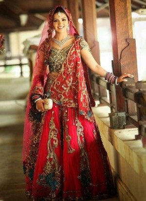Designer Red Raw Silk Georgette Indian Bridal Lehenga Choli with Resham Embroidery at Zikimo