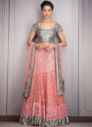 Silver and Pink Mehndi Sangeet ceremony Lehenga with Mirror & Sequin Work at Zikimo