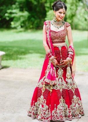 Designer Red Indian Bridal Lehenga Choli with Swarovski Work at Zikimo