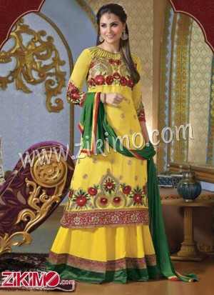 Zikimo Lara Dutta Yellow Full Emroidered Floor Length Party Wear Anarkali Suit