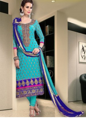 SKY BLUE CHANDERI SILK EMBROIDERY DESIGNER PARTY WEAR SALWAR SUIT AT ZIKIMO