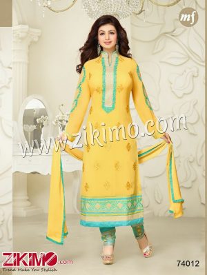 Zikimo Abrisha 74012Yellow Party Wear Embroidered Georgette Long Semi-stitched Party Wear Straight Suit