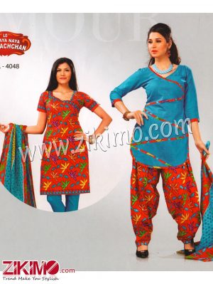 Zikimo Bolbachan 4048AquaBlue and Multicolor Printed Cotton Un-stitched Daily Wear Salwar Suit