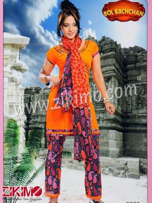 Zikimo Bolbachan 9009 Orange and Multicolor Printed Cotton Un-stitched Daily Wear Salwar Suit