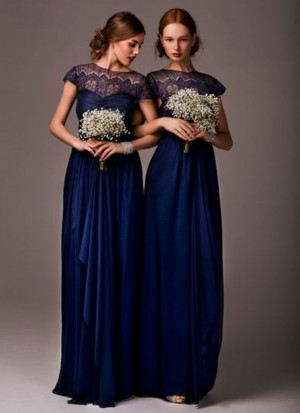 Charming Navy Blue Satin Partwear Bridesmaid Gown at Zikimo