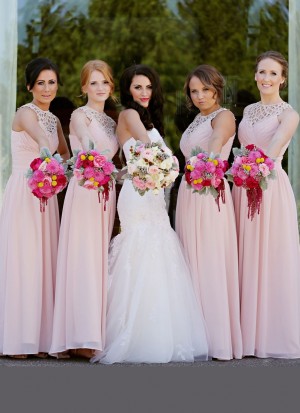 Delightful Baby Pink Pure Georgette Wedding  Bridesmaid Gown at Zikimo
