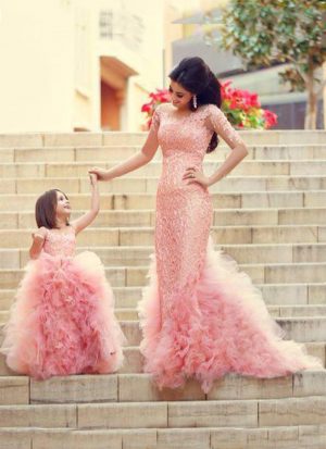 Glamorous Party Wear Mom-Daughter Pink Net Gown Set at Zikimo