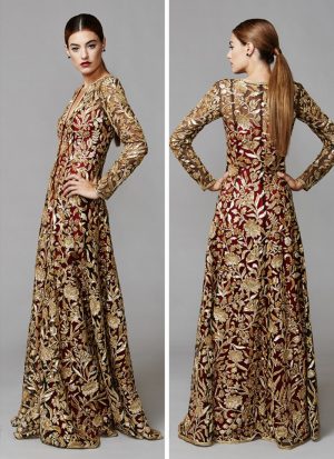 Heavenly Red Bridal Dress with Gold Floral Embroidery at Zikimo