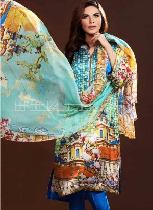 Multicolor and Royal Blue 47 Party Wear Printed Un-stitched Satin Pakistani Suit at Zikimo