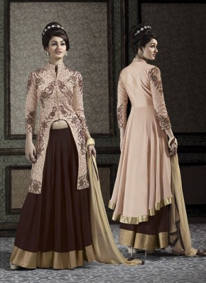 DullPink and Brown9001 Pure Banarasi Embroidery Party Wear Semi-stitched Suit at Zikimo