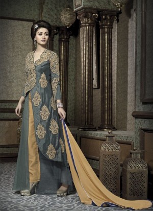 DarkAquaBlue and Golden9002 Pure Banarasi Embroidery Party Wear Semi-stitched Suit at Zikimo
