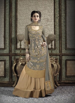 Grey and Rust9003 Heavy Net Embroidery Party Wear Semi-stitched Suit at Zikimo