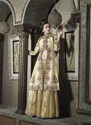 LightYellow and Brown9004 Pure Georgette Embroidery Party Wear Semi-stitched Suit at Zikimo