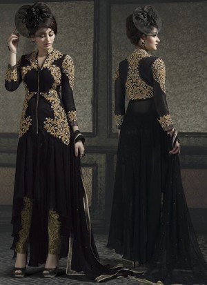 Black and Yellow9005 Pure Georgette Embroidery Party Wear Semi-stitched Suit at Zikimo