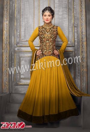 Zikimo Heenaz42004E Brown and Golden Anarkali Party Wear Suit with Chiffon Dupatta