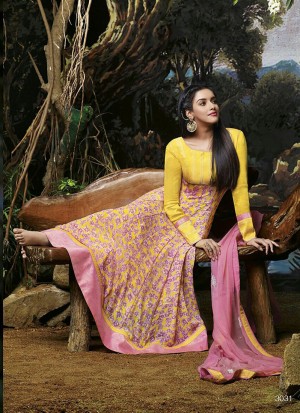Asin Yellow and DullPink 3031 Party Wear Georgette Aanarkali Suit at Zikimo