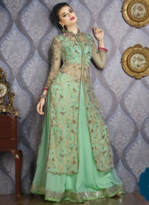 Mehak 17003 Green Heavy Embroidered Net Top With Georegtte lehenga at Zikimo