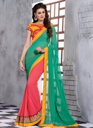 Mintorsi KalaSutra SeaGreen and Carrot Red 2105 Wedding Wear Georgette Saree at Zikimo