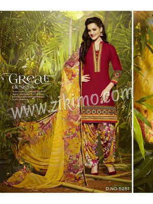 DarkRed and Multicolor 5251 Designer Embroidered Pure Cotton Un-stitched Party Wear Patiala Suit at ZIKIMO