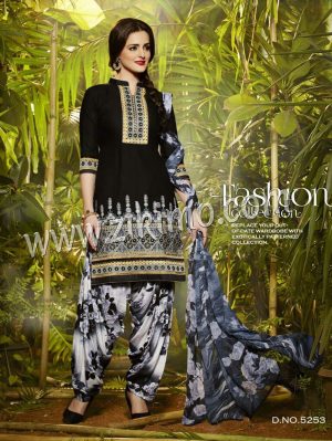 Black and White 5253 Designer Embroidered Pure Cotton Un-stitched Party Wear Patiala Suit at ZIKIMO