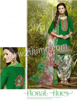 Green and White 5256 Designer Embroidered Pure Cotton Un-stitched Party Wear Patiala Suit at ZIKIMO