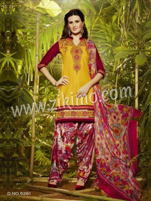 GoldenYellow and Maroon 5261 Designer Embroidered Pure Cotton Un-stitched Party Wear Patiala Suit at ZIKIMO