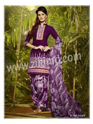 Purple and Multicolor 5264 Designer Embroidered Pure Cotton Un-stitched Party Wear Patiala Suit at ZIKIMO