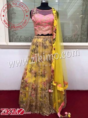 Zikimo Party wear Yellow Floral Lehnega With Pink Choli
