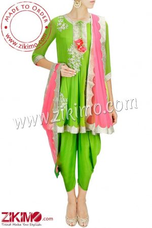 Zikimo Parrot Green Dhoti Style Punjabi Salwar Kamees With Pink Dupatta