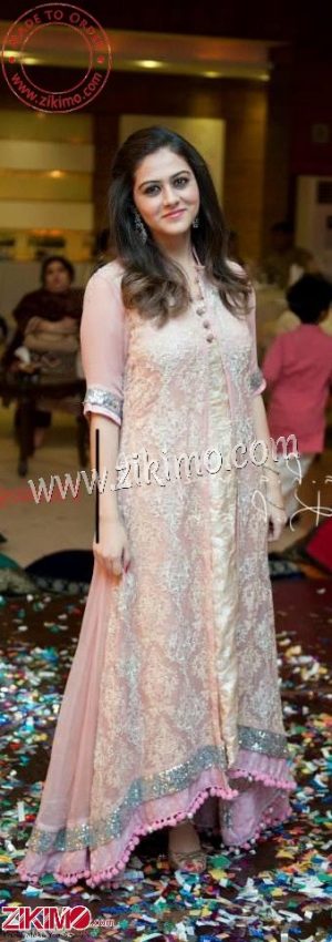 Zikimo Light Pink Net Party Wear High And Low Style Churidar Suit