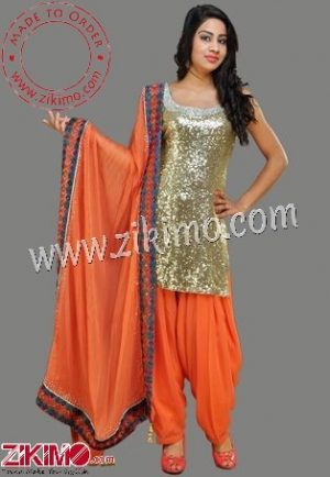 Zikimo  Golden And Orange Cotton Satin Punjabi Salwar Kameez