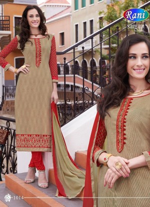Burlywood and Red 1014 Daily Wear Un-stitched Cotton Straight Suit at zikimo