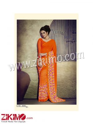 Zikimo Zara8008 Orange and Multicolor Daily Wear Designer Chiffon Saree