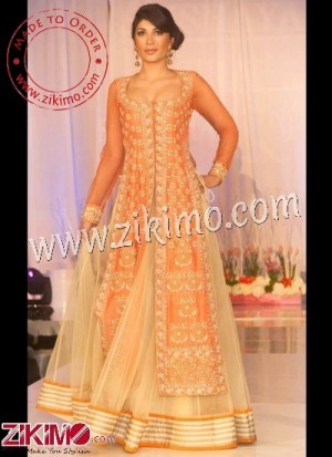 Zikimo Beige Brown And Orange Indian Western Bridal Lehenga With Stunning Look