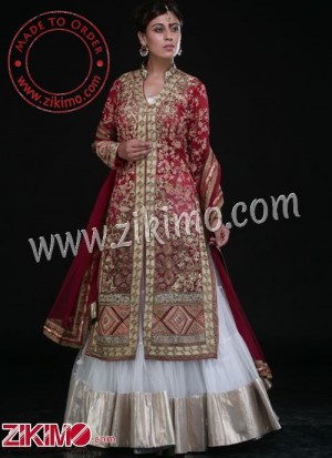 Zikimo Red & White Attractive Indian Bridal Lehenga With Embroidery Work