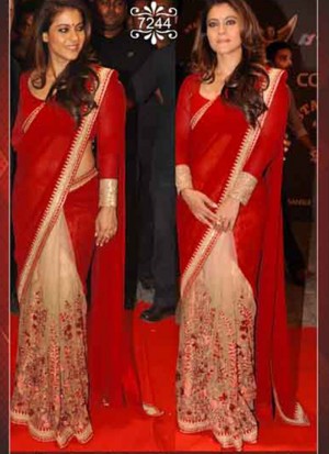 Kajol Red Georgette Embrodery Work Party Wear Saree 7244 At Zikimo