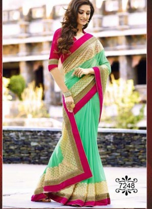 Sea Green Georgette With Gliter Work Party Wear Saree with Heavy Velvet Silk Blouse 7248 at Zikimo